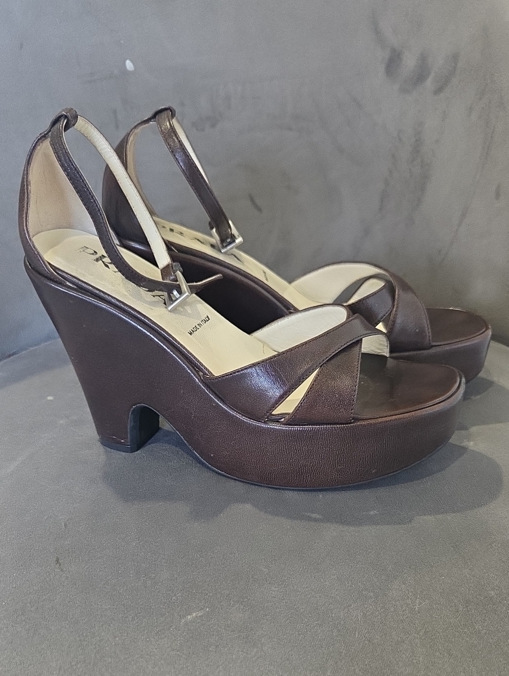 Y2K Prada Brown Leather Platform Wedge Sandals